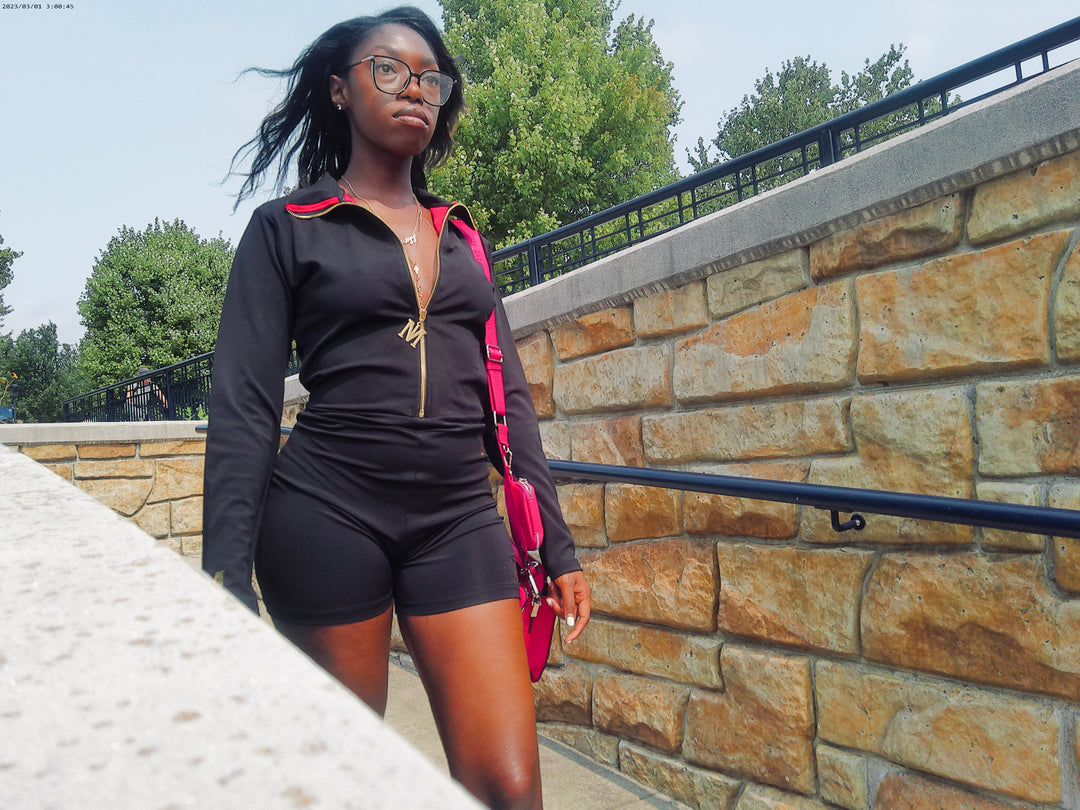 Model wearing romper