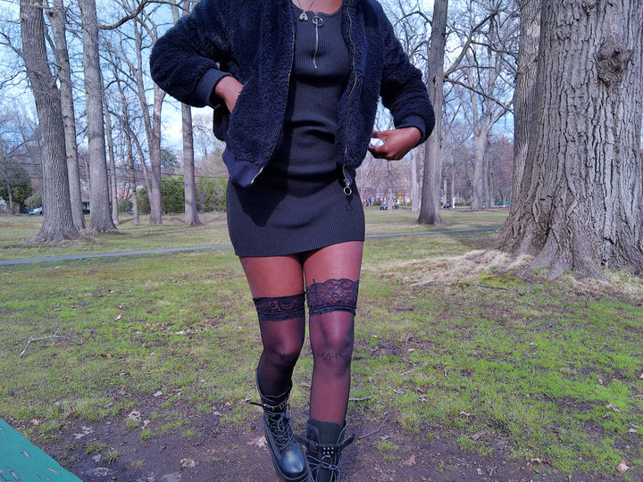 MHYK Original over-the-knee lace socks worn by model, front view showcasing full length, lace details, and scalloped top edges