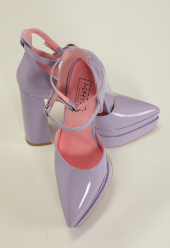 Lavender platform sandals placed side-by-side, aerial view showing top straps, footbed texture, and lavender color.