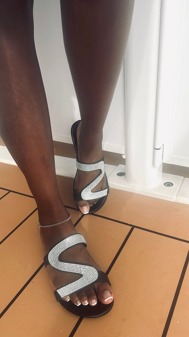 Zuri Shine Black Rhinestone Sandals by MHYK