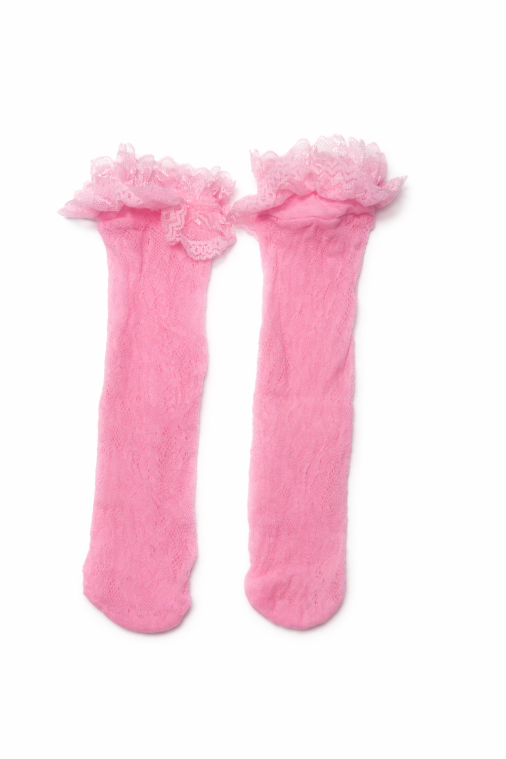 Pair of pink lace socks with ruffled top on a white background