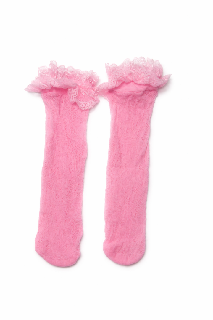Pair of pink lace socks with ruffled top on a white background