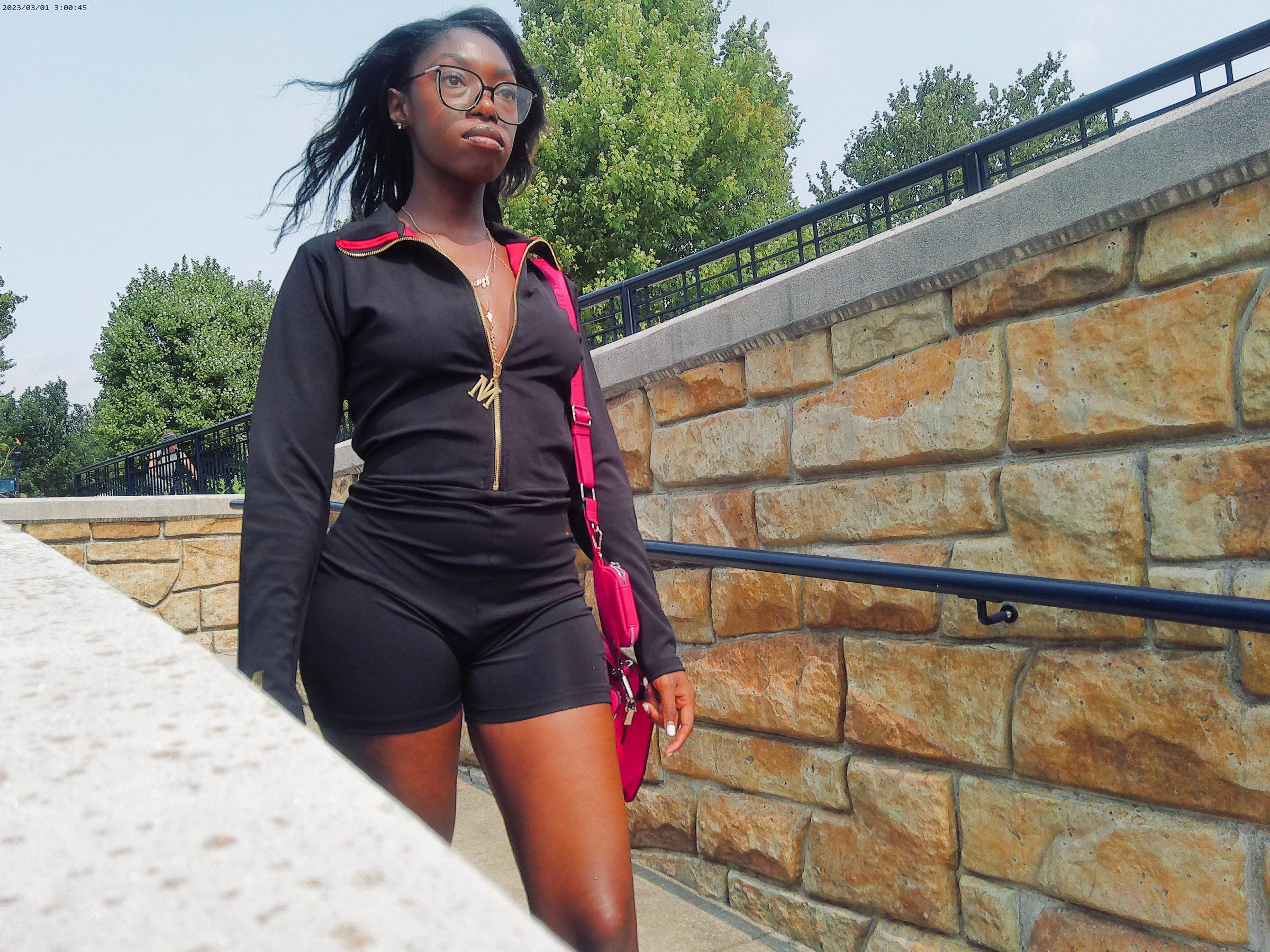 Model wearing romper 