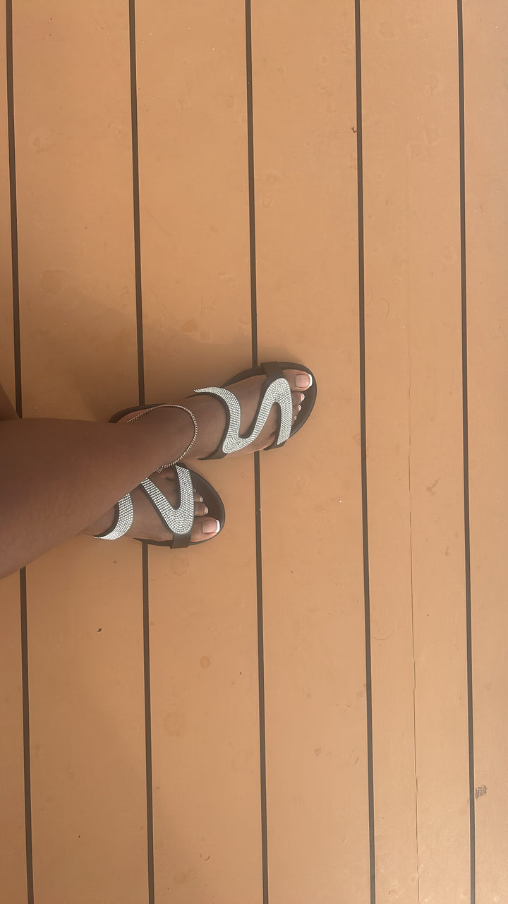 Zuri Shine Black Rhinestone Sandals by MHYK