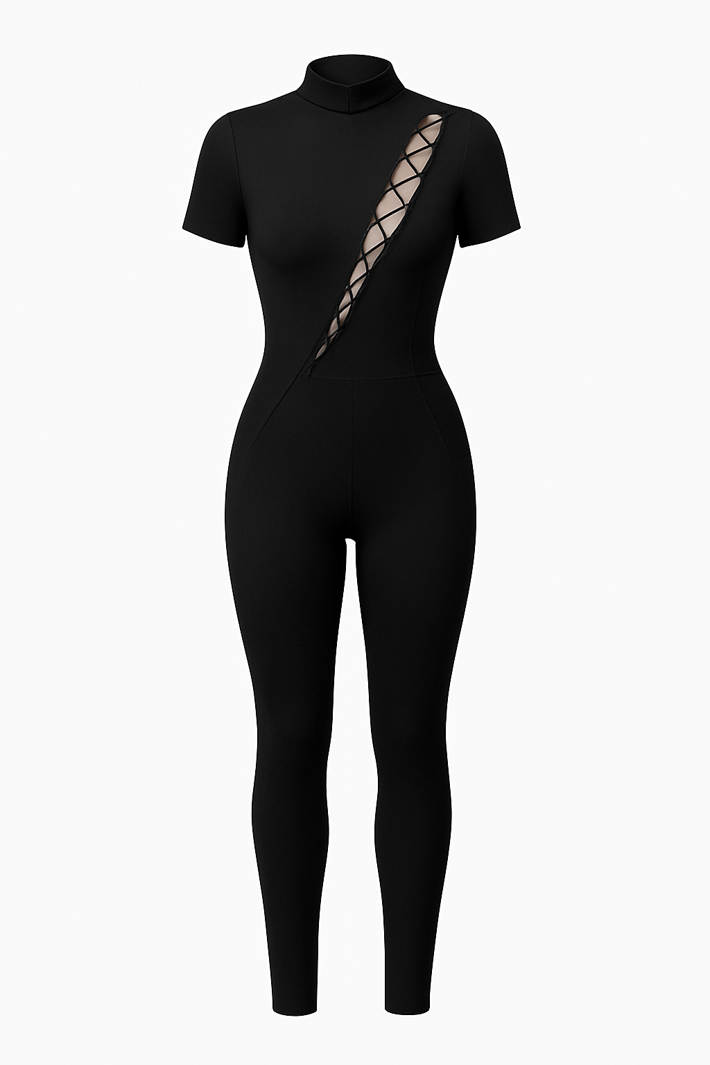 Model wearing front display of black jumpsuit, standing up, with white studio background 