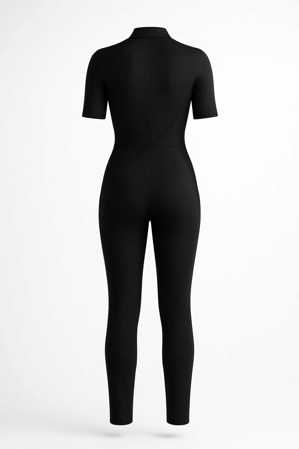Model wearing back display of black jumpsuit, standing up, with white blank studio background.