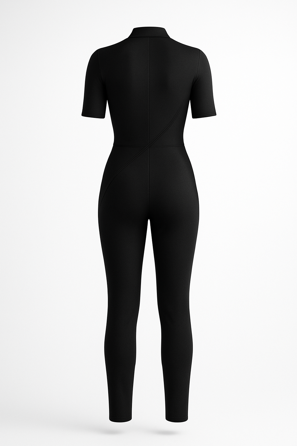 Model wearing back display of black jumpsuit, standing up, with white blank studio background.