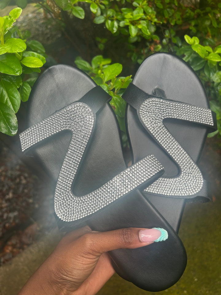 Zuri Shine Black Rhinestone Sandals by MHYK
